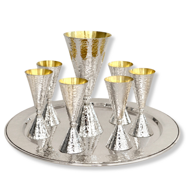 Sterling Silver Hammered Kiddush and Liquor Cups Set