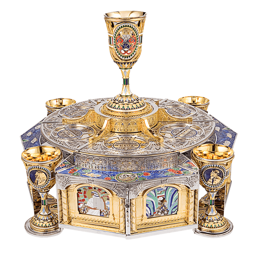 A set of goblets and three floors of plates as a Passover Seder Plate - Zion Hadad - JLuxury