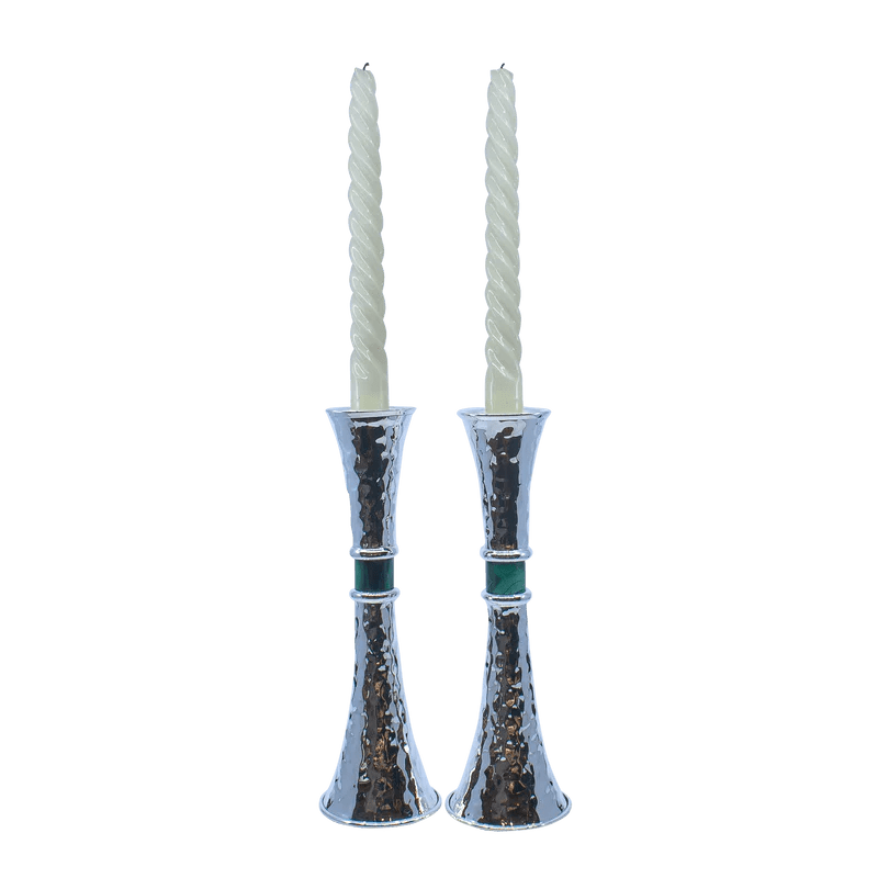 Hammered Silver Malachite Shabbat Candlesticks