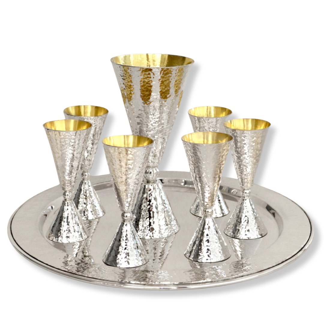 Sterling Silver Hammered Kiddush and Liquor Cups Set - Avi Nadav - JLuxury