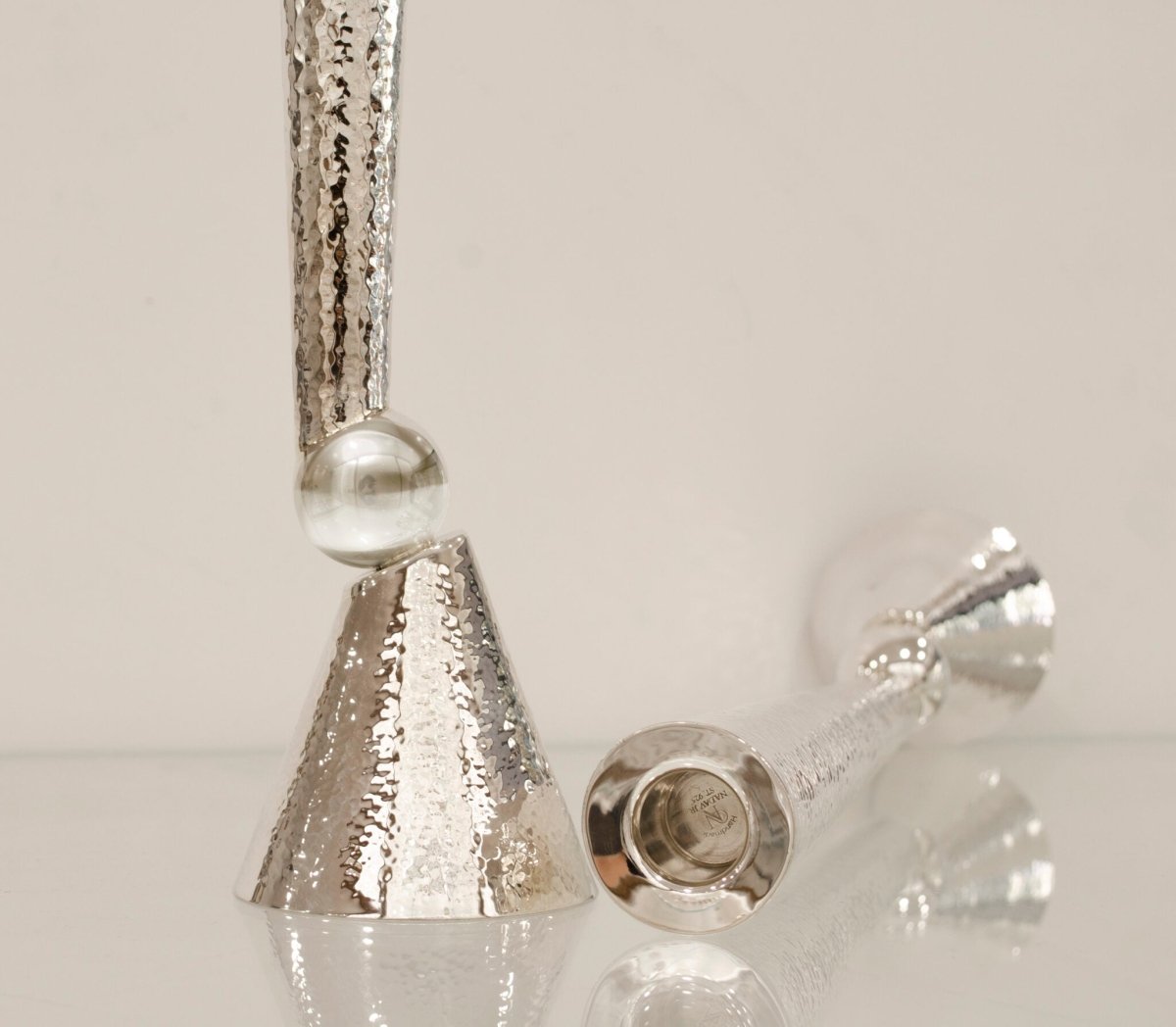 Stunning Lightly Bent Shabbat Hammered Candlesticks - Avi Nadav - JLuxury