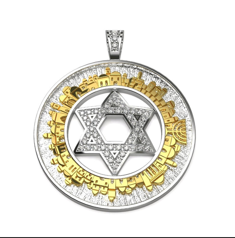 14k Gold 3D Jerusalem Pendant Star of David