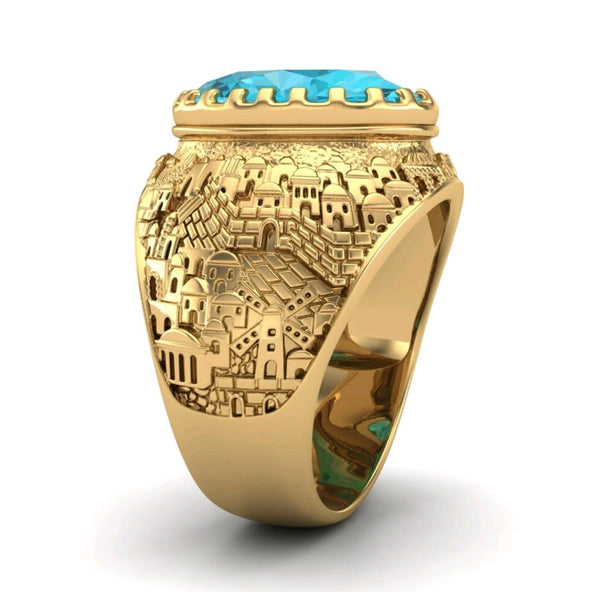 14k Gold 3D Jerusalem Gemstone Ring