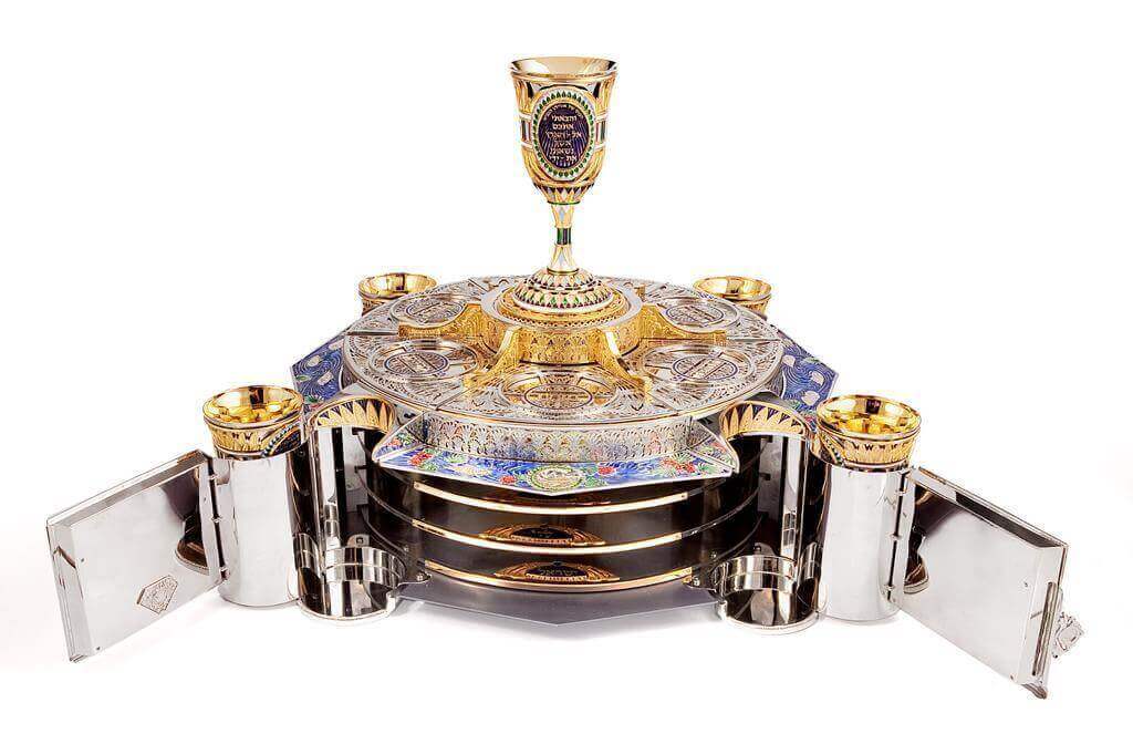 A set of goblets and three floors of plates as a Passover Seder Plate - Zion Hadad - JLuxury