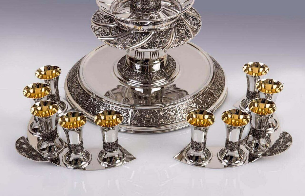 Falls Kiddush Wine Fountain Masterpiece - 10 Guests - Piece Silver Crafting By Zion Hadad - JLuxury