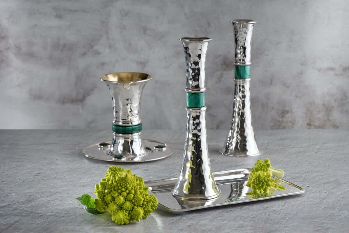 Gold plating decoration Hammered Malachite Kiddush Cup Set - Zion Hadad - JLuxury